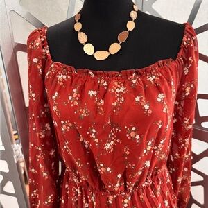 Chic Red Floral Long Sleeve Dress